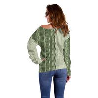 Vintage Sage Green Hawaiian Traditional Kapa Mix Flowers Lei Off Shoulder Sweater LT7 - Polynesian Pride