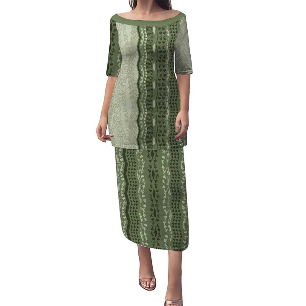 Vintage Sage Green Hawaiian Traditional Kapa Mix Flowers Lei Puletasi LT7 Long Dress Sage Green - Polynesian Pride