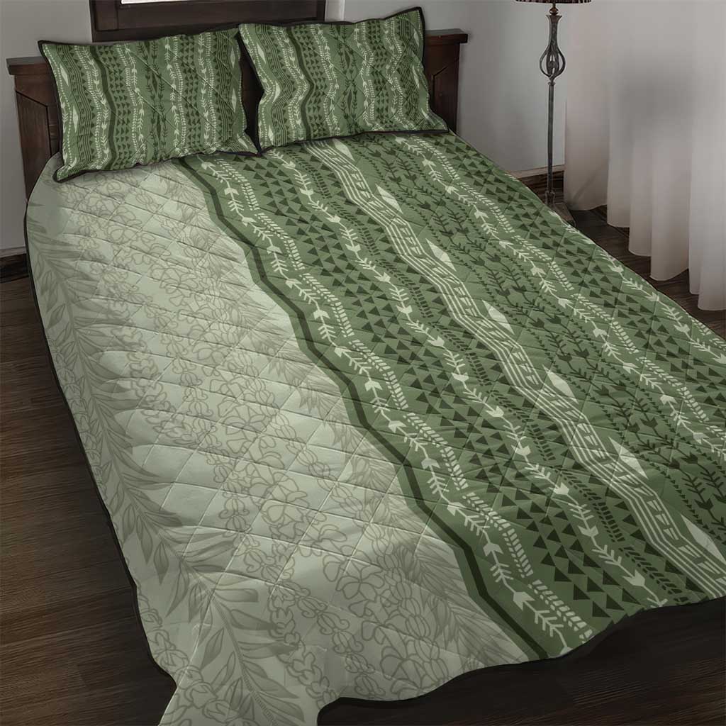 Vintage Sage Green Hawaiian Traditional Kapa Mix Flowers Lei Quilt Bed Set LT7 Sage Green - Polynesian Pride