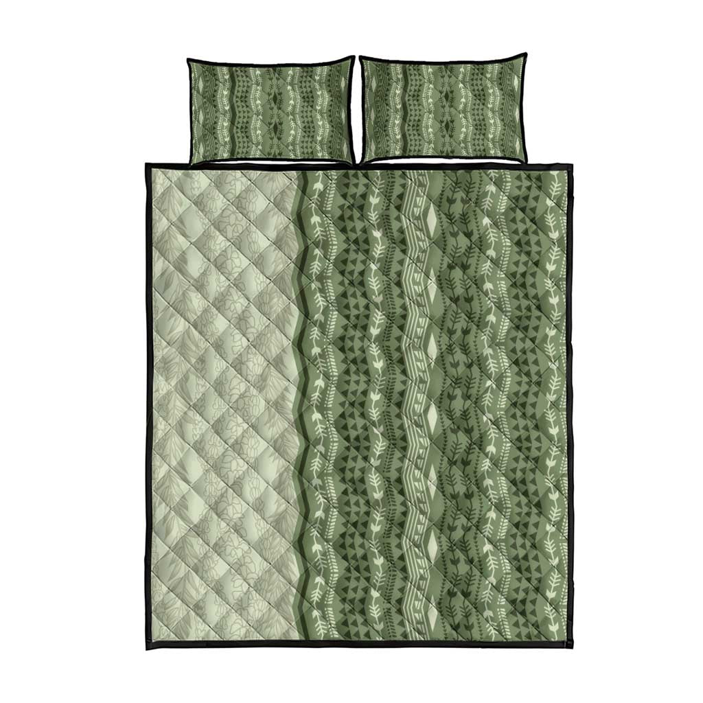 Vintage Sage Green Hawaiian Traditional Kapa Mix Flowers Lei Quilt Bed Set LT7 - Polynesian Pride
