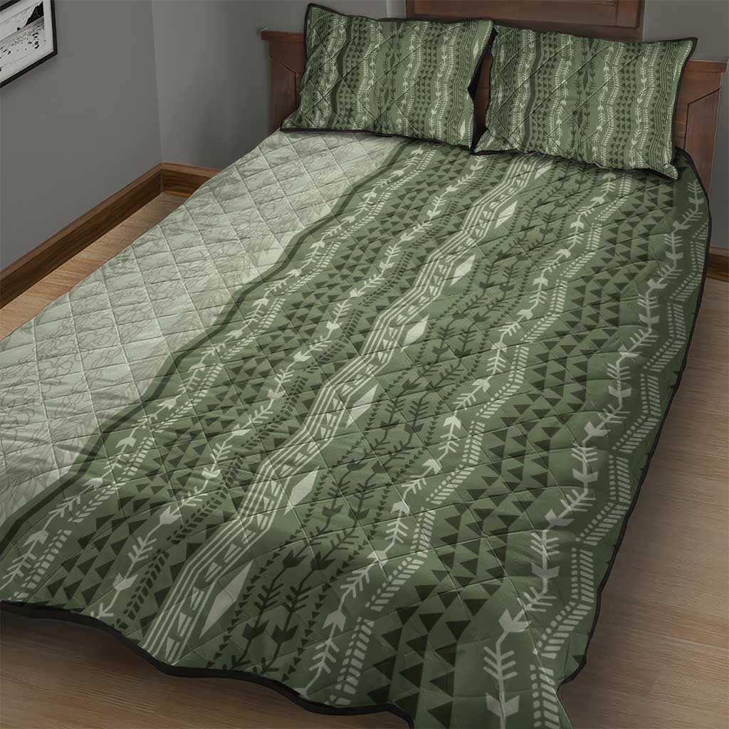 Vintage Sage Green Hawaiian Traditional Kapa Mix Flowers Lei Quilt Bed Set LT7 - Polynesian Pride