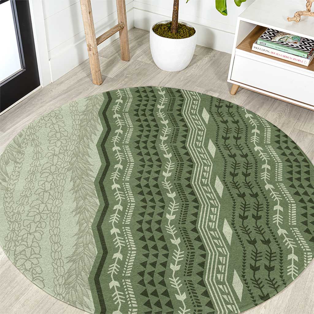 Vintage Sage Green Hawaiian Traditional Kapa Mix Flowers Lei Round Carpet LT7 Sage Green - Polynesian Pride