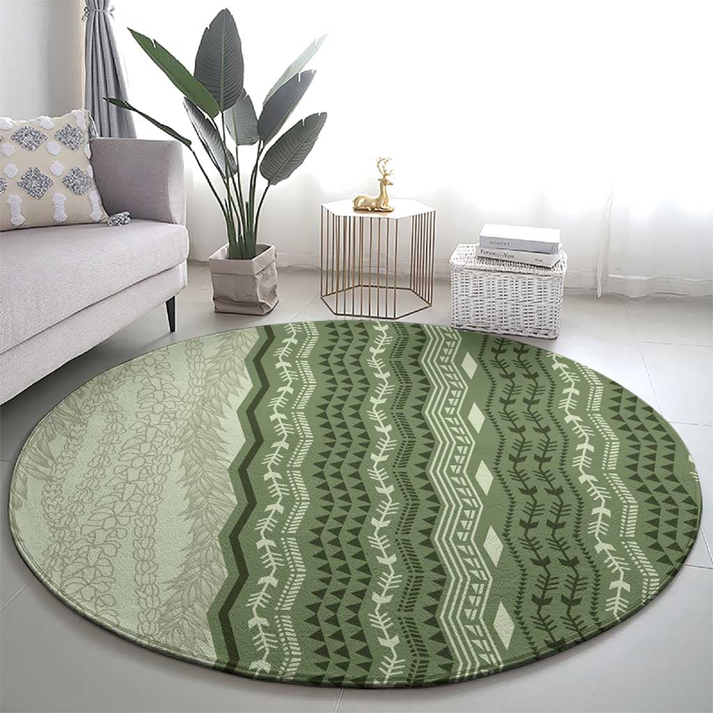 Vintage Sage Green Hawaiian Traditional Kapa Mix Flowers Lei Round Carpet LT7 - Polynesian Pride
