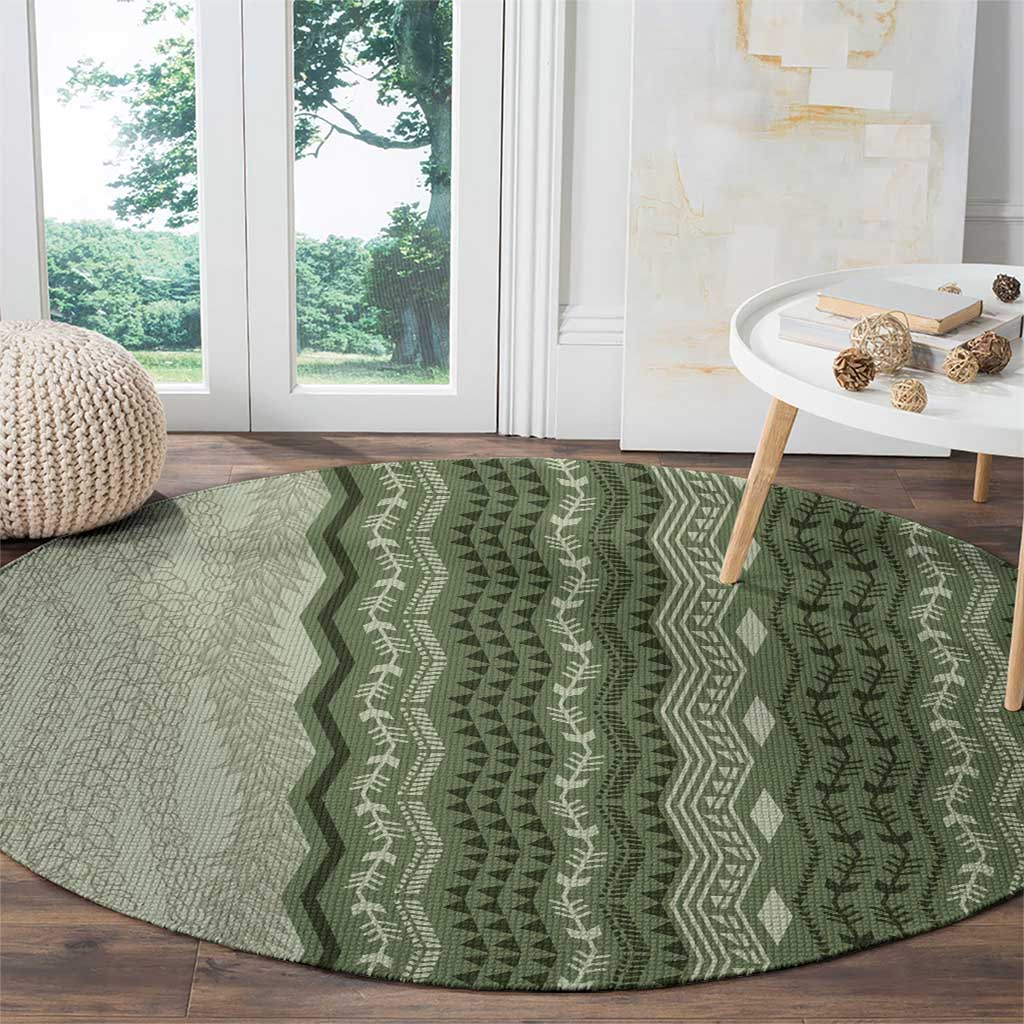 Vintage Sage Green Hawaiian Traditional Kapa Mix Flowers Lei Round Carpet LT7 - Polynesian Pride