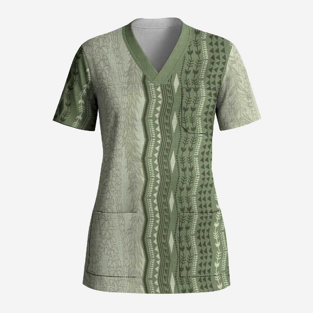 Vintage Sage Green Hawaiian Traditional Kapa Mix Flowers Lei Scrub Top LT7 Adult Sage Green - Polynesian Pride