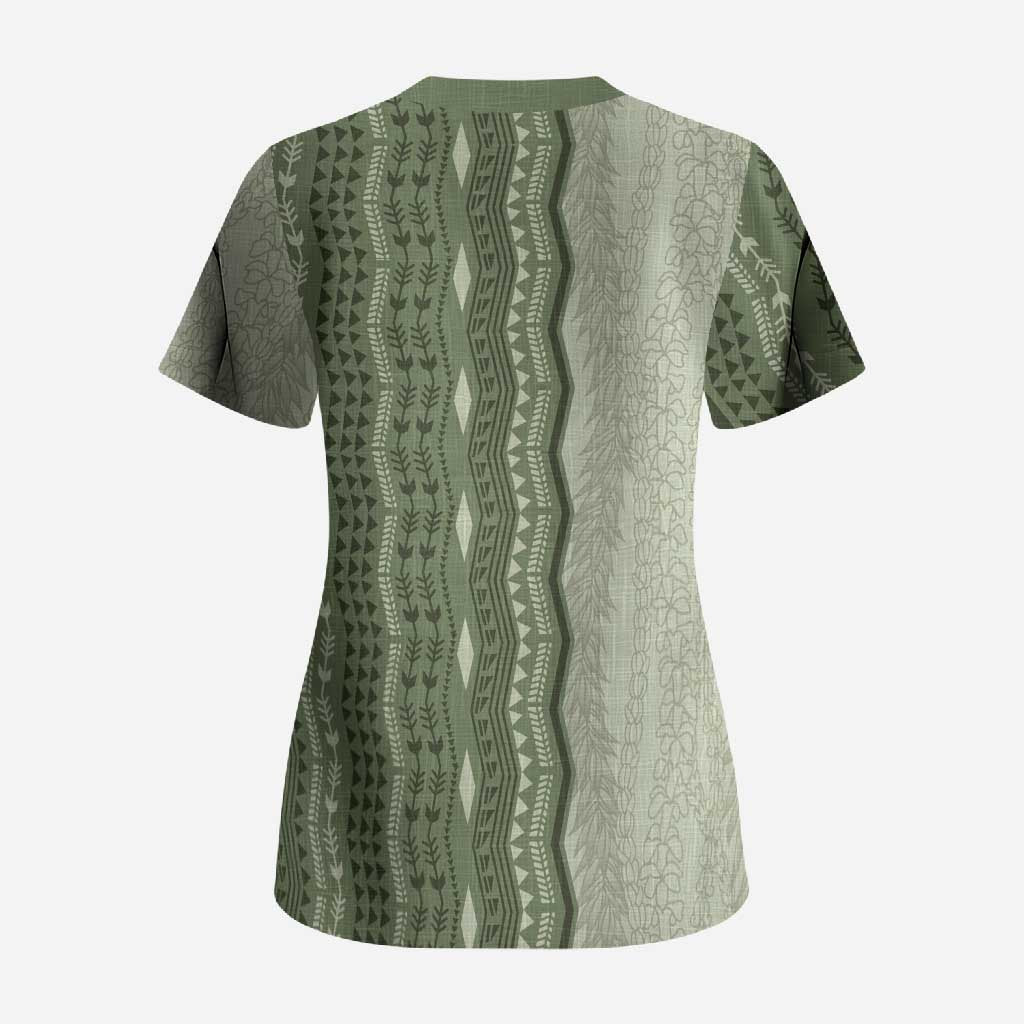 Vintage Sage Green Hawaiian Traditional Kapa Mix Flowers Lei Scrub Top LT7 - Polynesian Pride