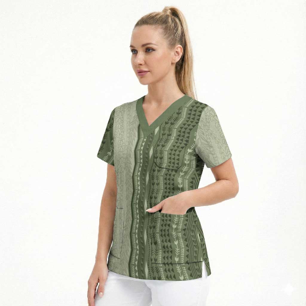 Vintage Sage Green Hawaiian Traditional Kapa Mix Flowers Lei Scrub Top LT7 - Polynesian Pride