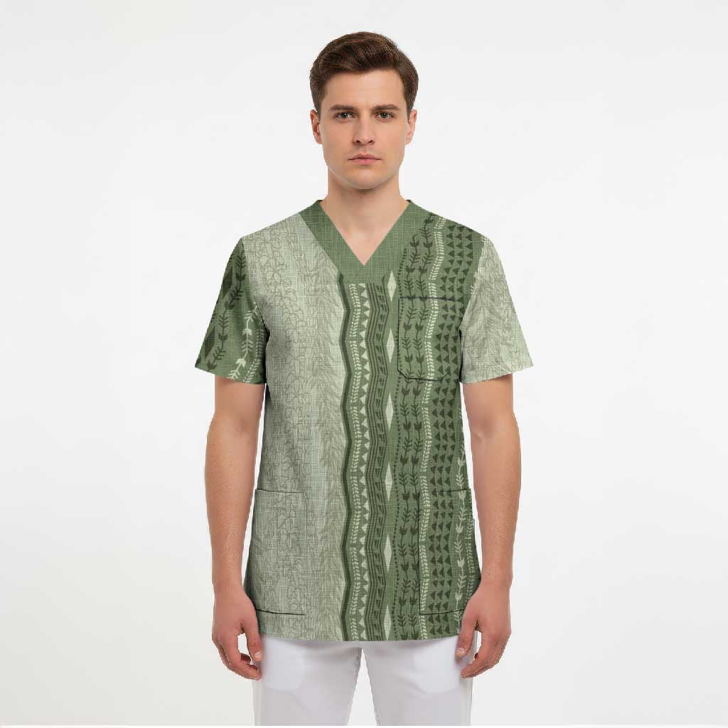 Vintage Sage Green Hawaiian Traditional Kapa Mix Flowers Lei Scrub Top LT7 - Polynesian Pride