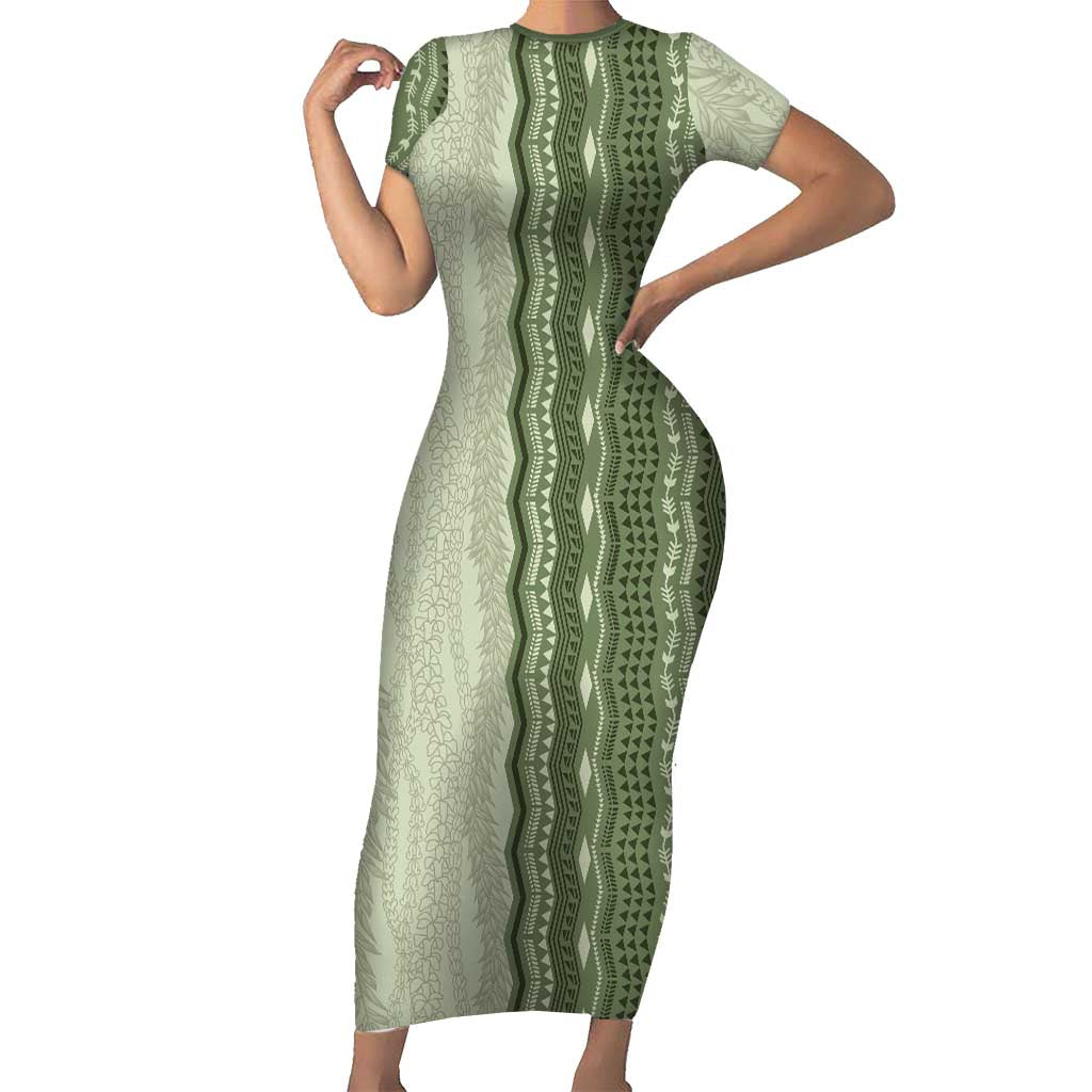 Vintage Sage Green Hawaiian Traditional Kapa Mix Flowers Lei Short Sleeve Bodycon Dress LT7 Long Dress Sage Green - Polynesian Pride