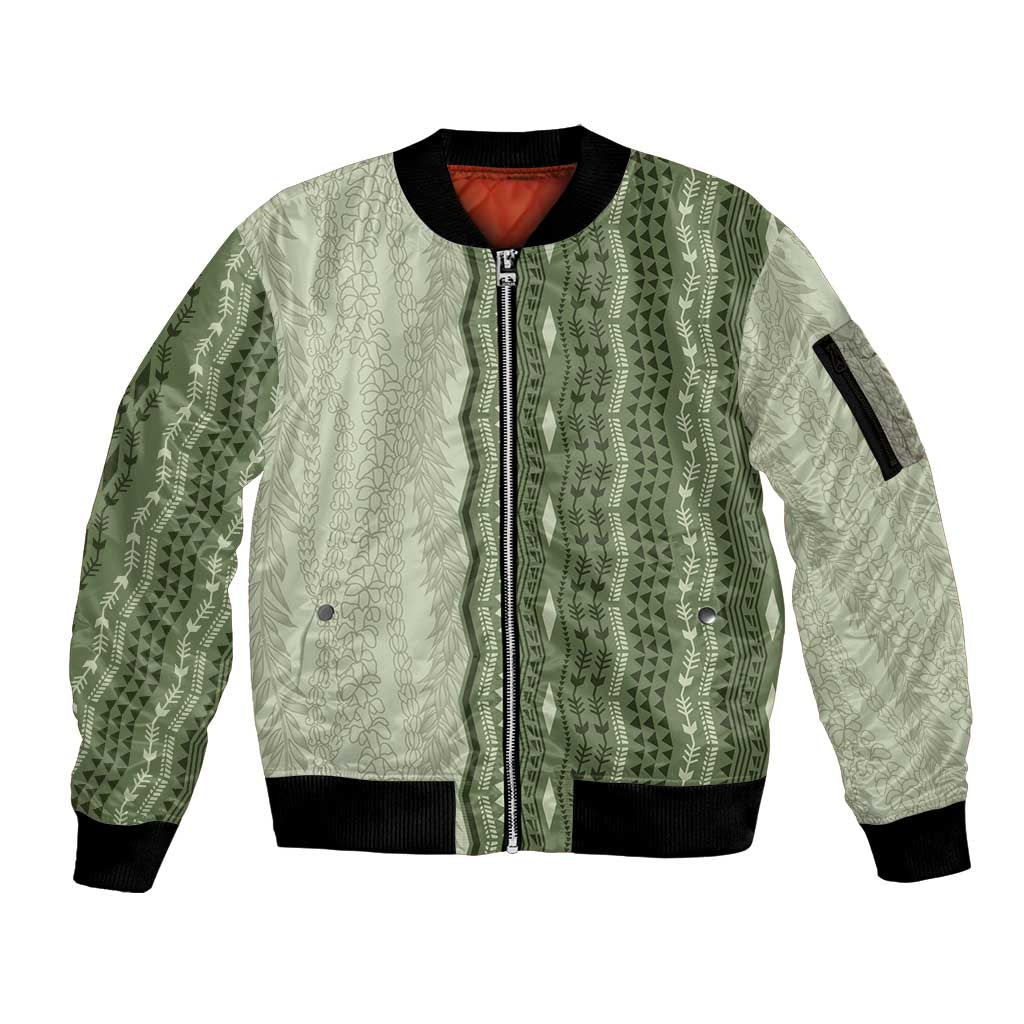 Vintage Sage Green Hawaiian Traditional Kapa Mix Flowers Lei Sleeve Zip Bomber Jacket LT7 Unisex Sage Green - Polynesian Pride