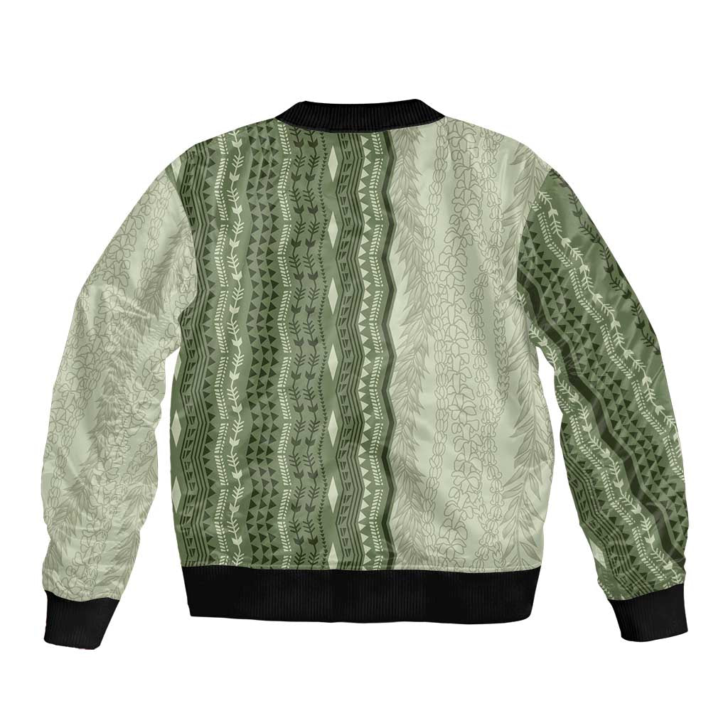 Vintage Sage Green Hawaiian Traditional Kapa Mix Flowers Lei Sleeve Zip Bomber Jacket