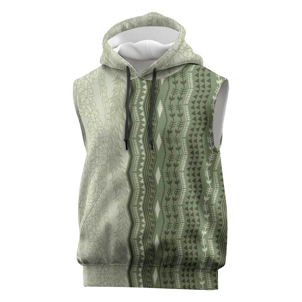 Vintage Sage Green Hawaiian Traditional Kapa Mix Flowers Lei Sleeveless Hoodie LT7 Sage Green - Polynesian Pride