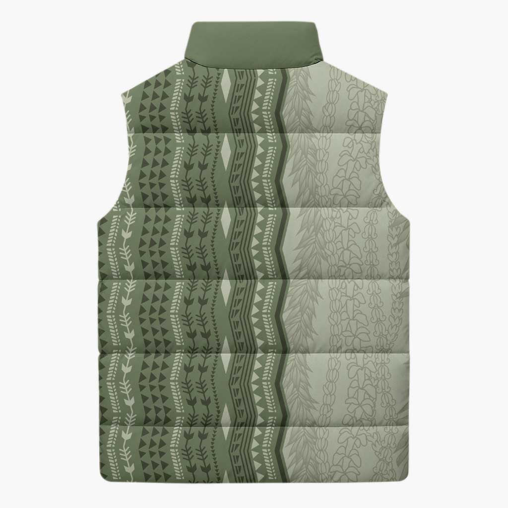 Vintage Sage Green Hawaiian Traditional Kapa Mix Flowers Lei Sleeveless Puffer Jacket LT7 - Polynesian Pride