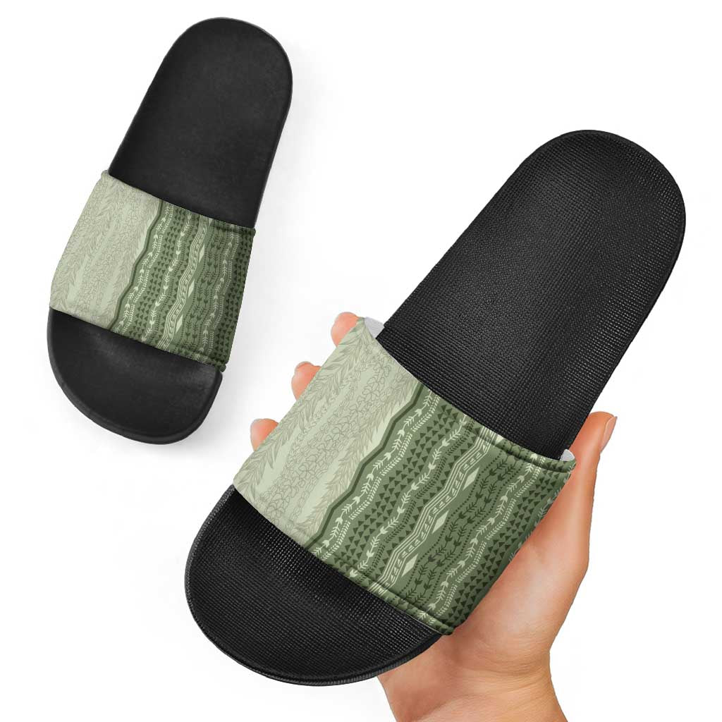 Vintage Sage Green Hawaiian Traditional Kapa Mix Flowers Lei Slide Sandals LT7 - Polynesian Pride