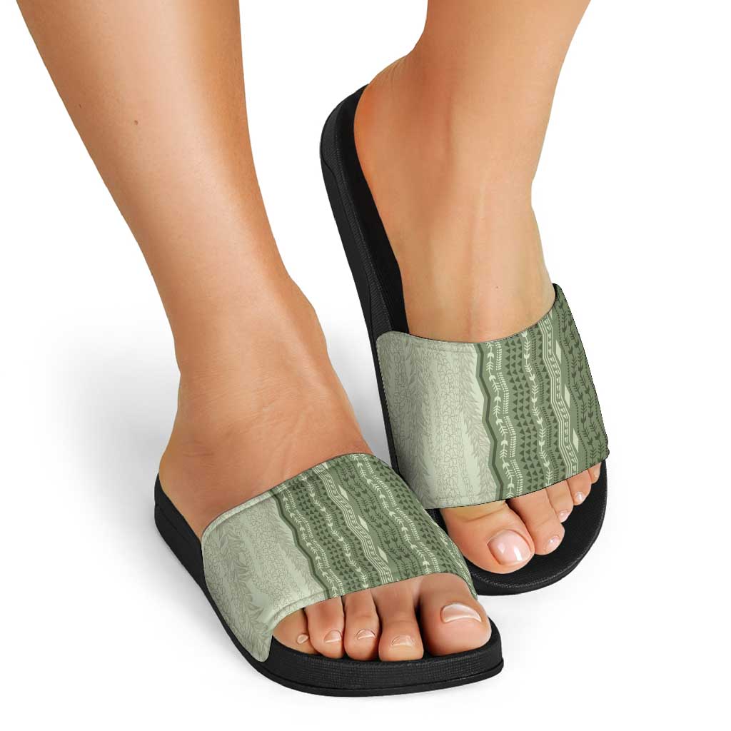 Vintage Sage Green Hawaiian Traditional Kapa Mix Flowers Lei Slide Sandals LT7 - Polynesian Pride