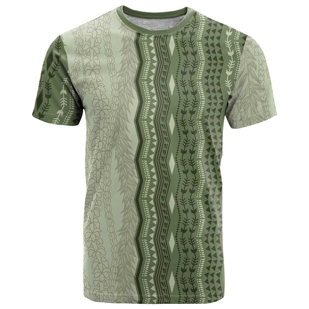 Vintage Sage Green Hawaiian Traditional Kapa Mix Flowers Lei T Shirt LT7 Sage Green - Polynesian Pride