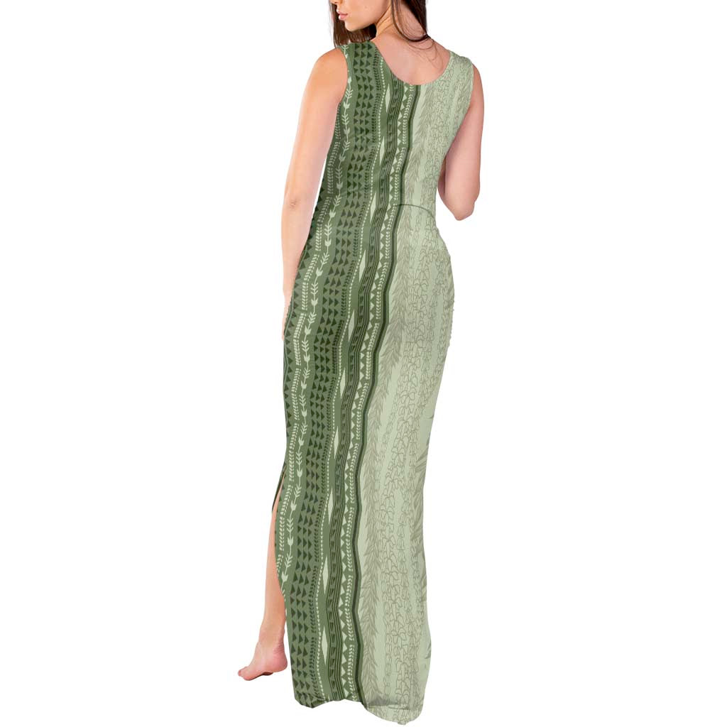 Vintage Sage Green Hawaiian Traditional Kapa Mix Flowers Lei Tank Maxi Dress LT7 - Polynesian Pride