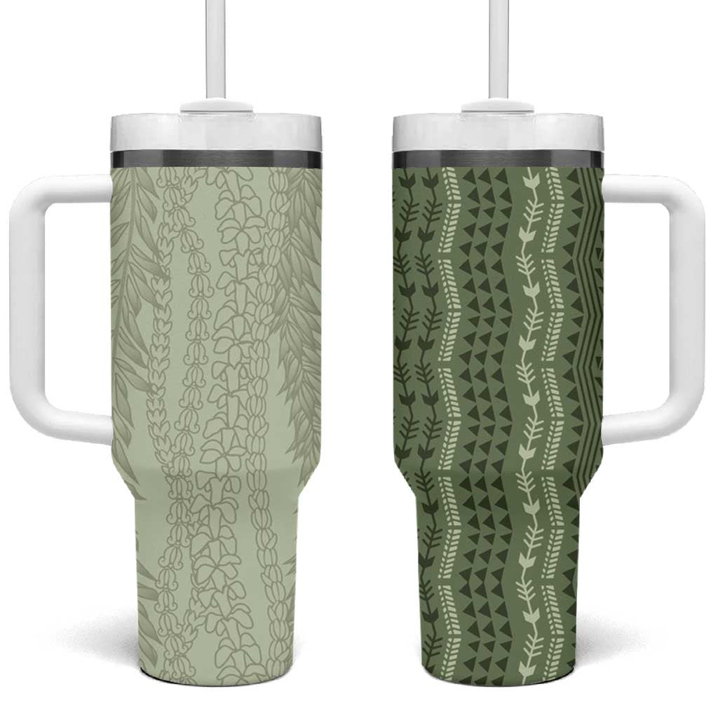 Vintage Sage Green Hawaiian Traditional Kapa Mix Flowers Lei Tumbler With Handle LT7 One Size: 40 oz Sage Green - Polynesian Pride