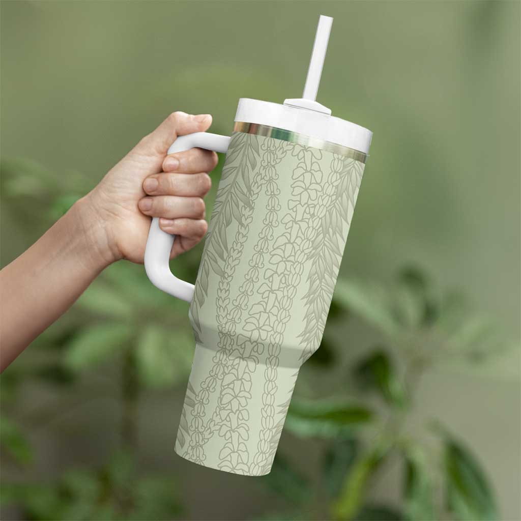 Vintage Sage Green Hawaiian Traditional Kapa Mix Flowers Lei Tumbler With Handle LT7 - Polynesian Pride