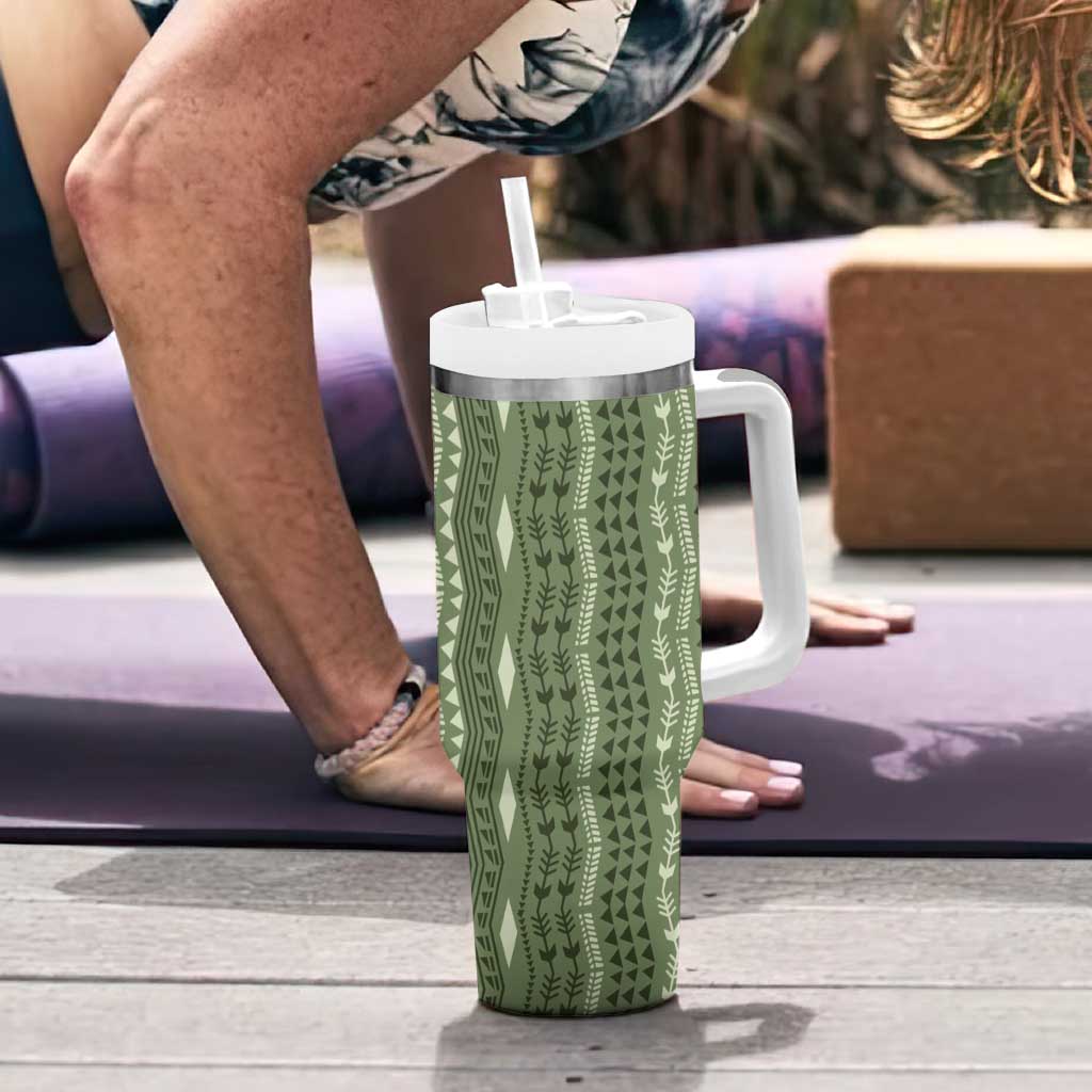 Vintage Sage Green Hawaiian Traditional Kapa Mix Flowers Lei Tumbler With Handle LT7 - Polynesian Pride