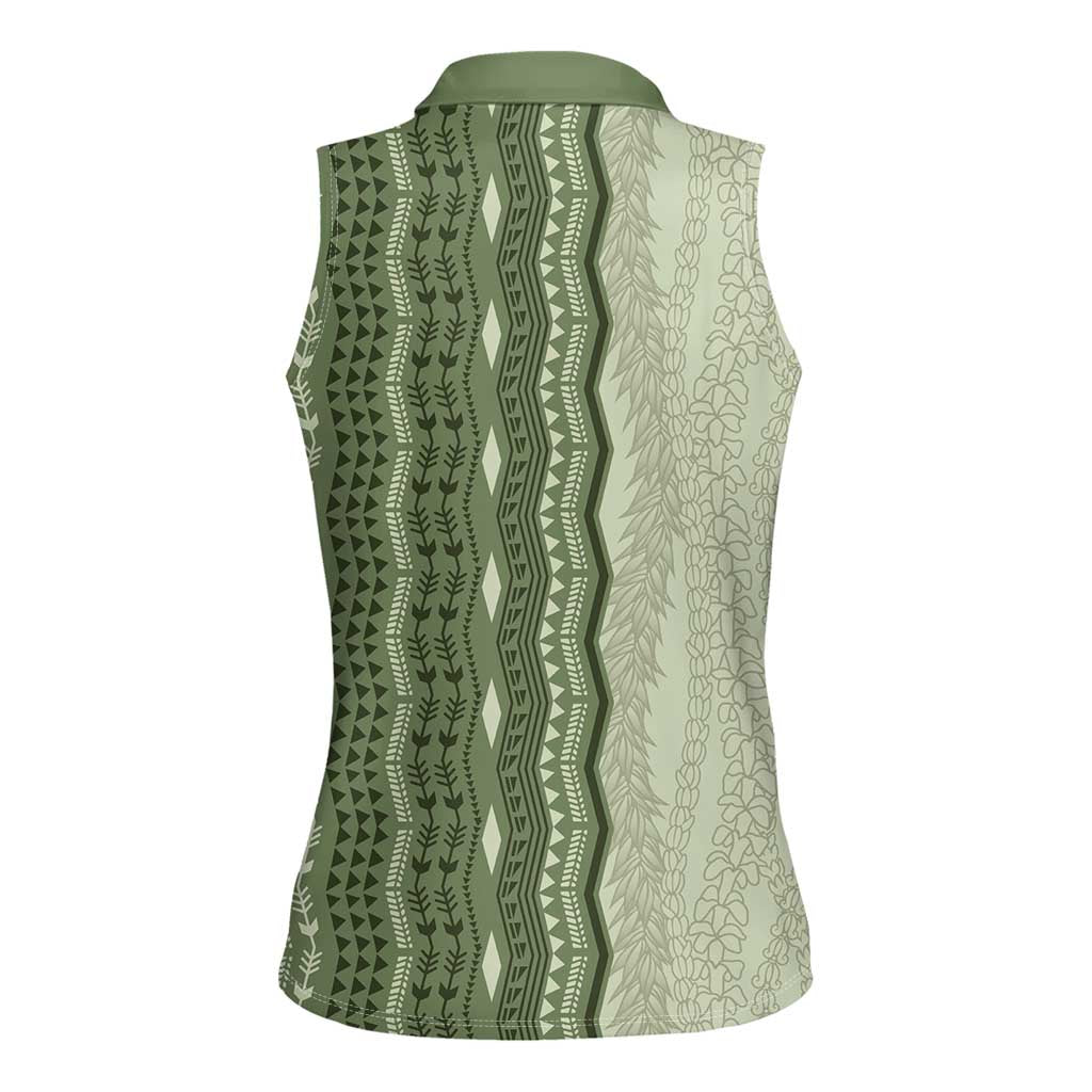 Vintage Sage Green Hawaiian Traditional Kapa Mix Flowers Lei Women Sleeveless Polo Shirt