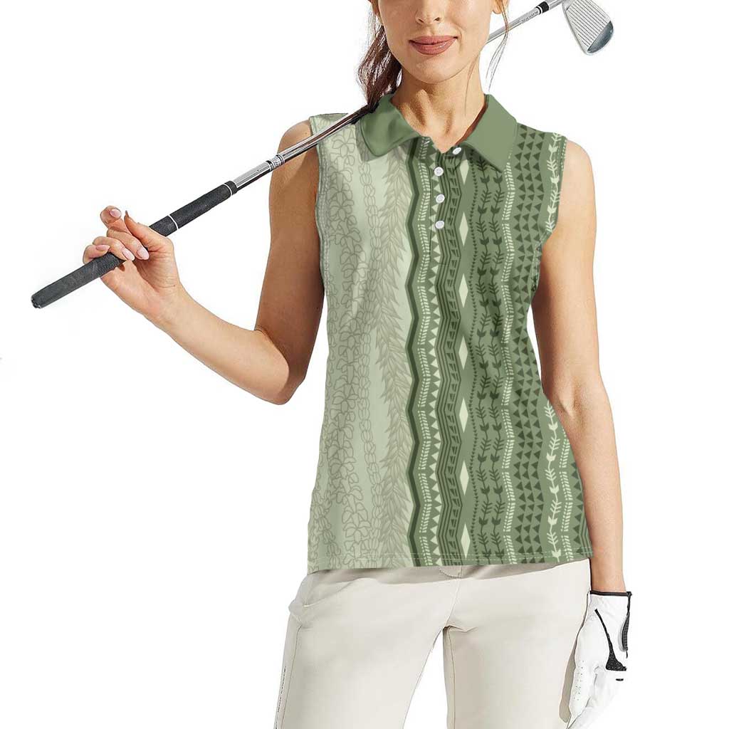 Vintage Sage Green Hawaiian Traditional Kapa Mix Flowers Lei Women Sleeveless Polo Shirt