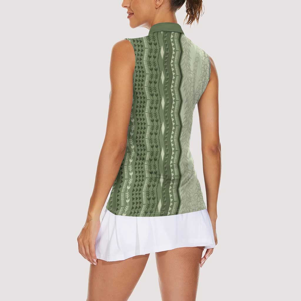 Vintage Sage Green Hawaiian Traditional Kapa Mix Flowers Lei Women Sleeveless Polo Shirt
