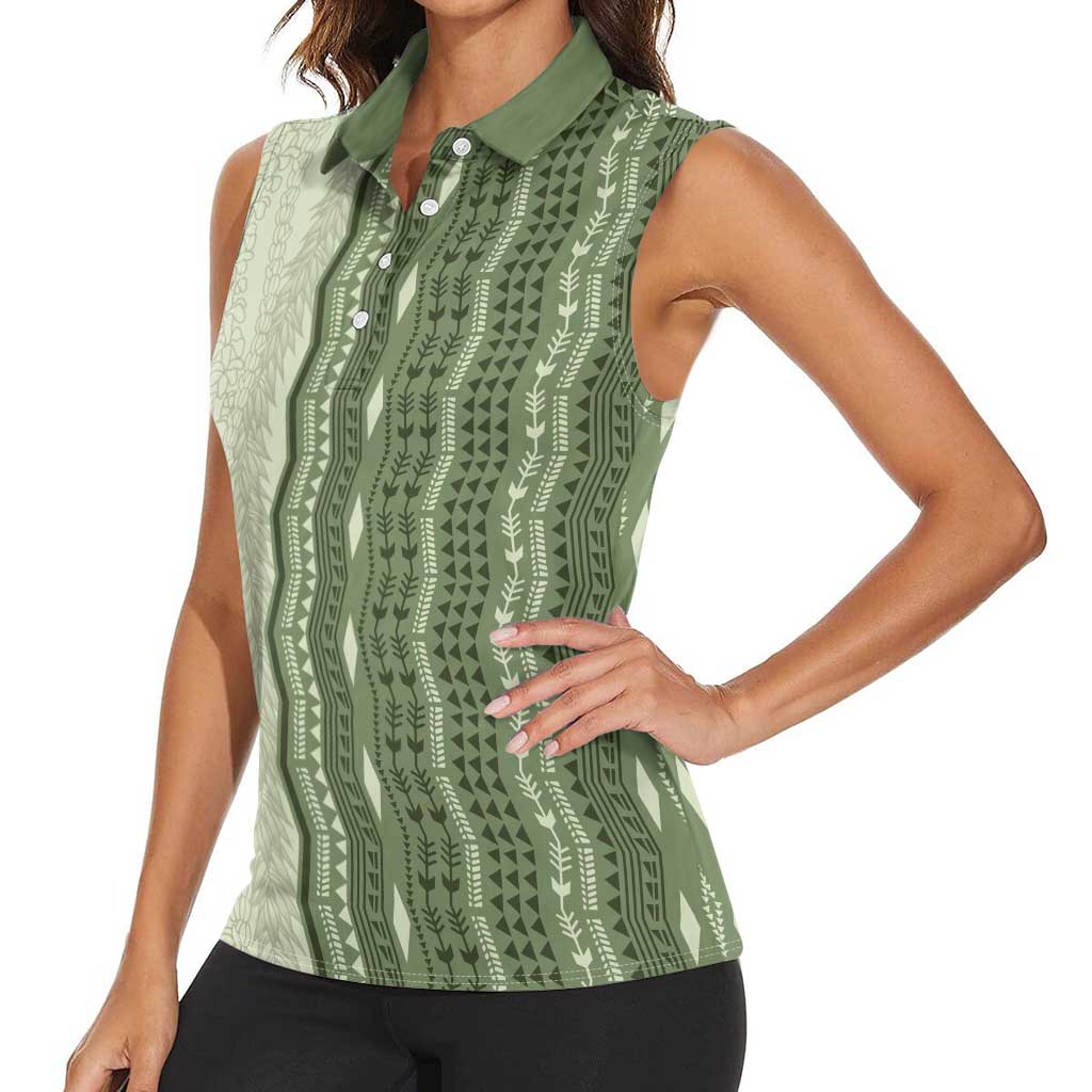 Vintage Sage Green Hawaiian Traditional Kapa Mix Flowers Lei Women Sleeveless Polo Shirt