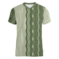Vintage Sage Green Hawaiian Traditional Kapa Mix Flowers Lei Women V-Neck T-Shirt