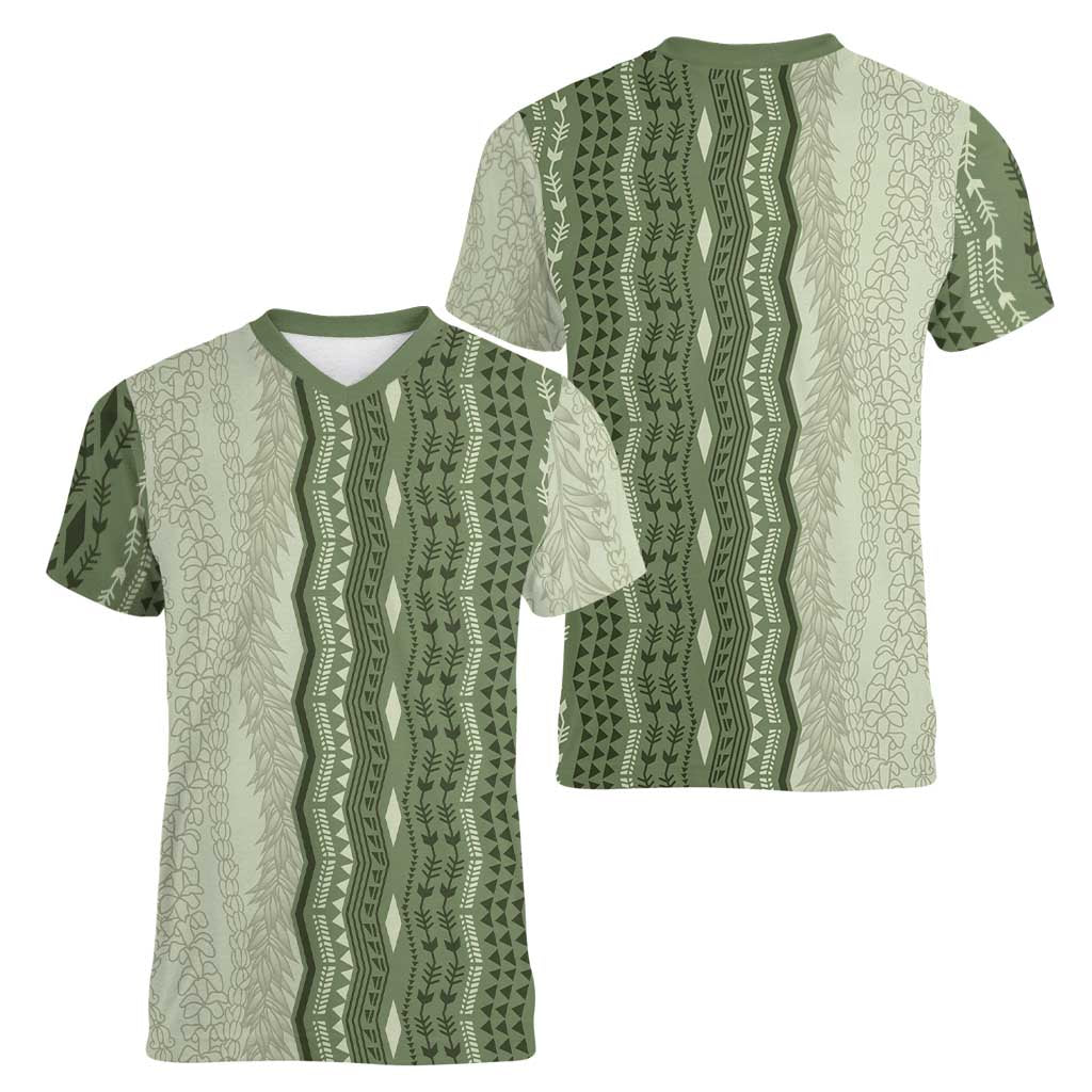 Vintage Sage Green Hawaiian Traditional Kapa Mix Flowers Lei Women V-Neck T-Shirt