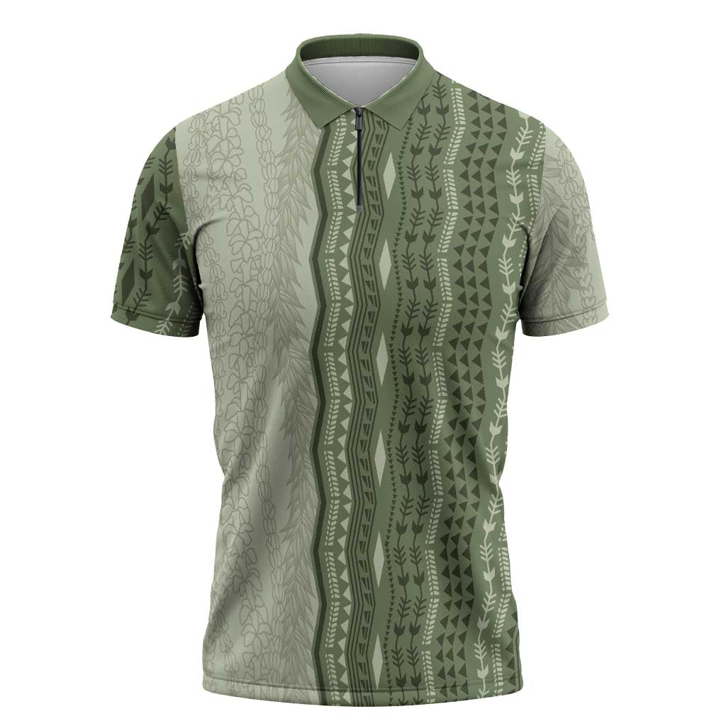 Vintage Sage Green Hawaiian Traditional Kapa Mix Flowers Lei Zipper Polo Shirt LT7 Sage Green - Polynesian Pride