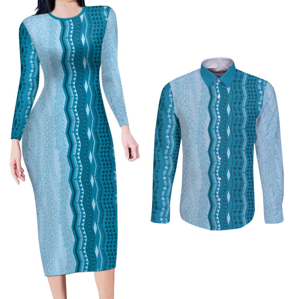Vintage Cobalt Blue Hawaiian Traditional Kapa Mix Flowers Lei Couples Matching Long Sleeve Bodycon Dress and Long Sleeve Button Shirt