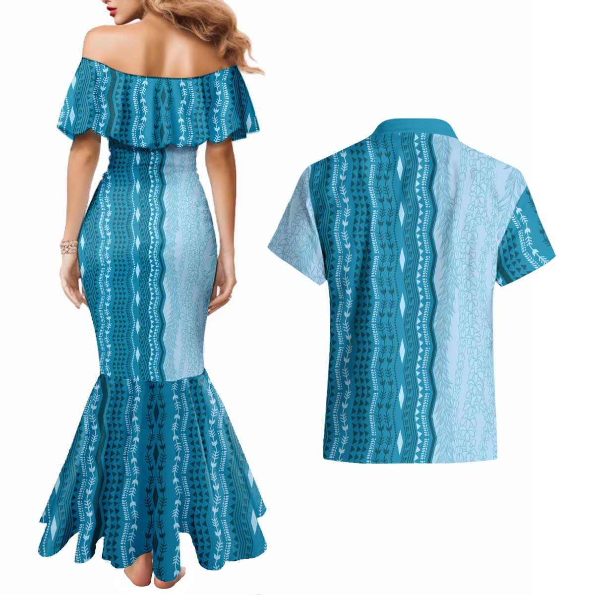 Vintage Cobalt Blue Hawaiian Traditional Kapa Mix Flowers Lei Couples Matching Mermaid Dress and Hawaiian Shirt