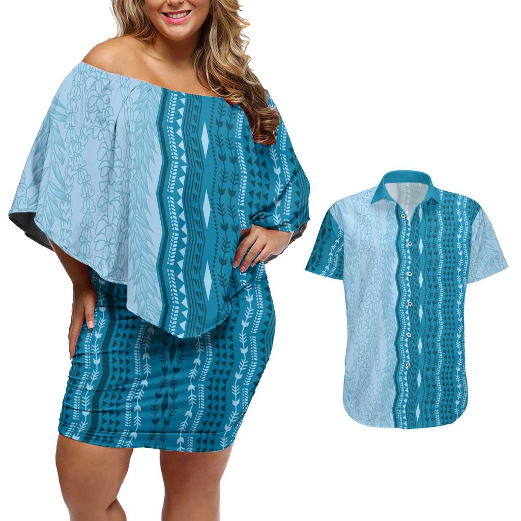 Vintage Cobalt Blue Hawaiian Traditional Kapa Mix Flowers Lei Couples Matching Off Shoulder Short Dress and Hawaiian Shirt