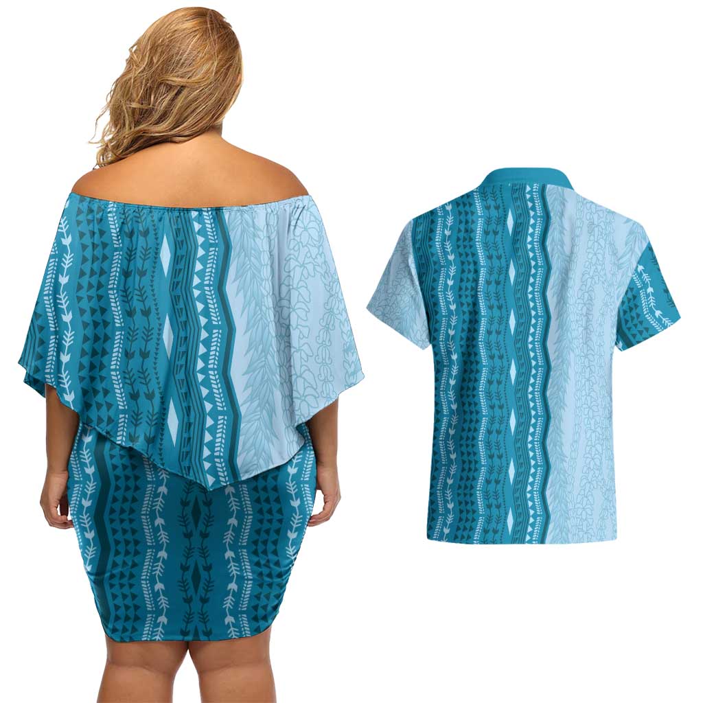Vintage Cobalt Blue Hawaiian Traditional Kapa Mix Flowers Lei Couples Matching Off Shoulder Short Dress and Hawaiian Shirt