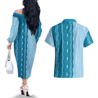 Vintage Cobalt Blue Hawaiian Traditional Kapa Mix Flowers Lei Couples Matching Off The Shoulder Long Sleeve Dress and Hawaiian Shirt