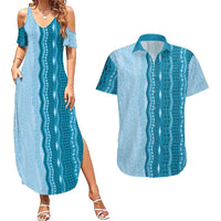Vintage Cobalt Blue Hawaiian Traditional Kapa Mix Flowers Lei Couples Matching Summer Maxi Dress and Hawaiian Shirt