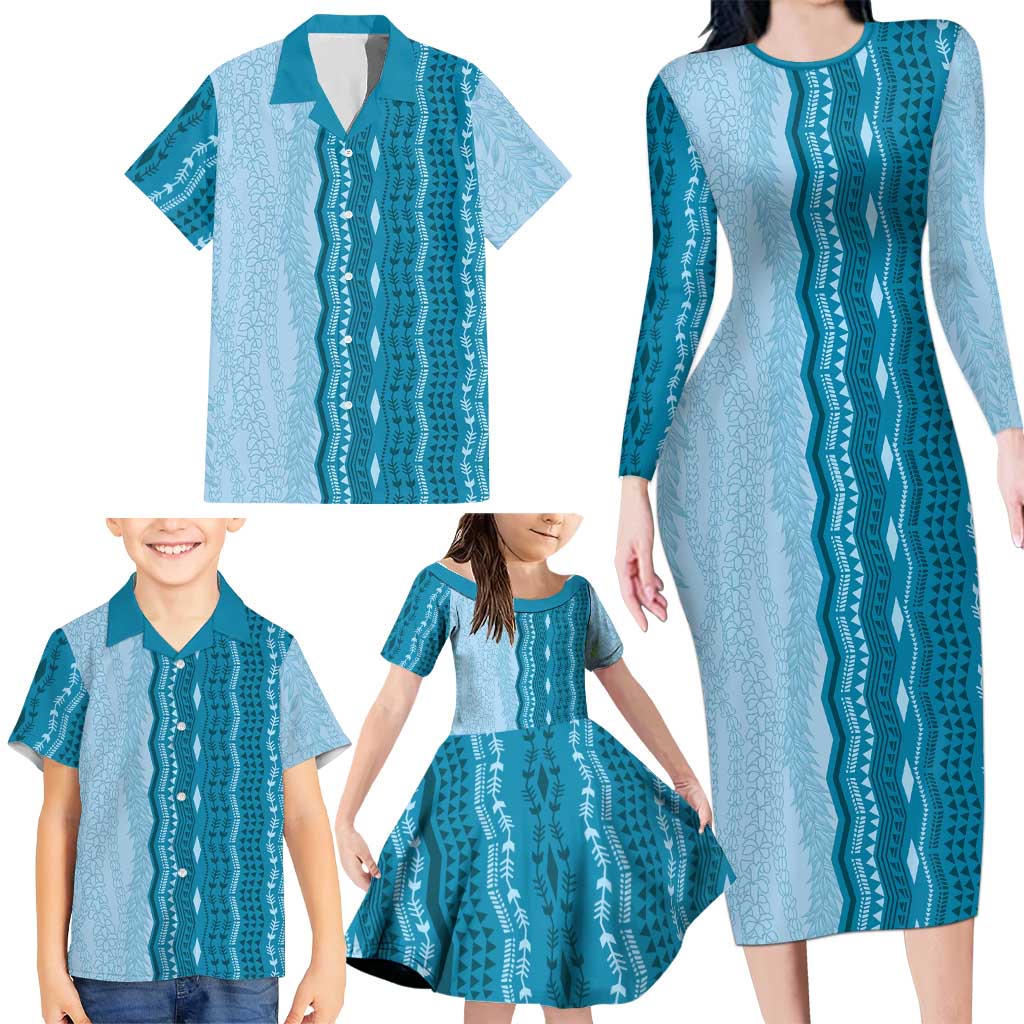 Vintage Cobalt Blue Hawaiian Traditional Kapa Mix Flowers Lei Family Matching Long Sleeve Bodycon Dress and Hawaiian Shirt