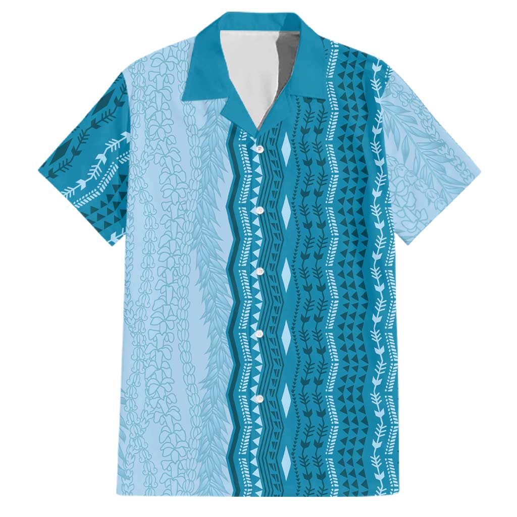 Vintage Cobalt Blue Hawaiian Traditional Kapa Mix Flowers Lei Family Matching Off Shoulder Maxi Dress and Hawaiian Shirt