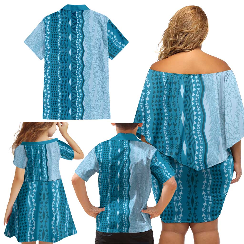 Vintage Cobalt Blue Hawaiian Traditional Kapa Mix Flowers Lei Family Matching Off Shoulder Short Dress and Hawaiian Shirt