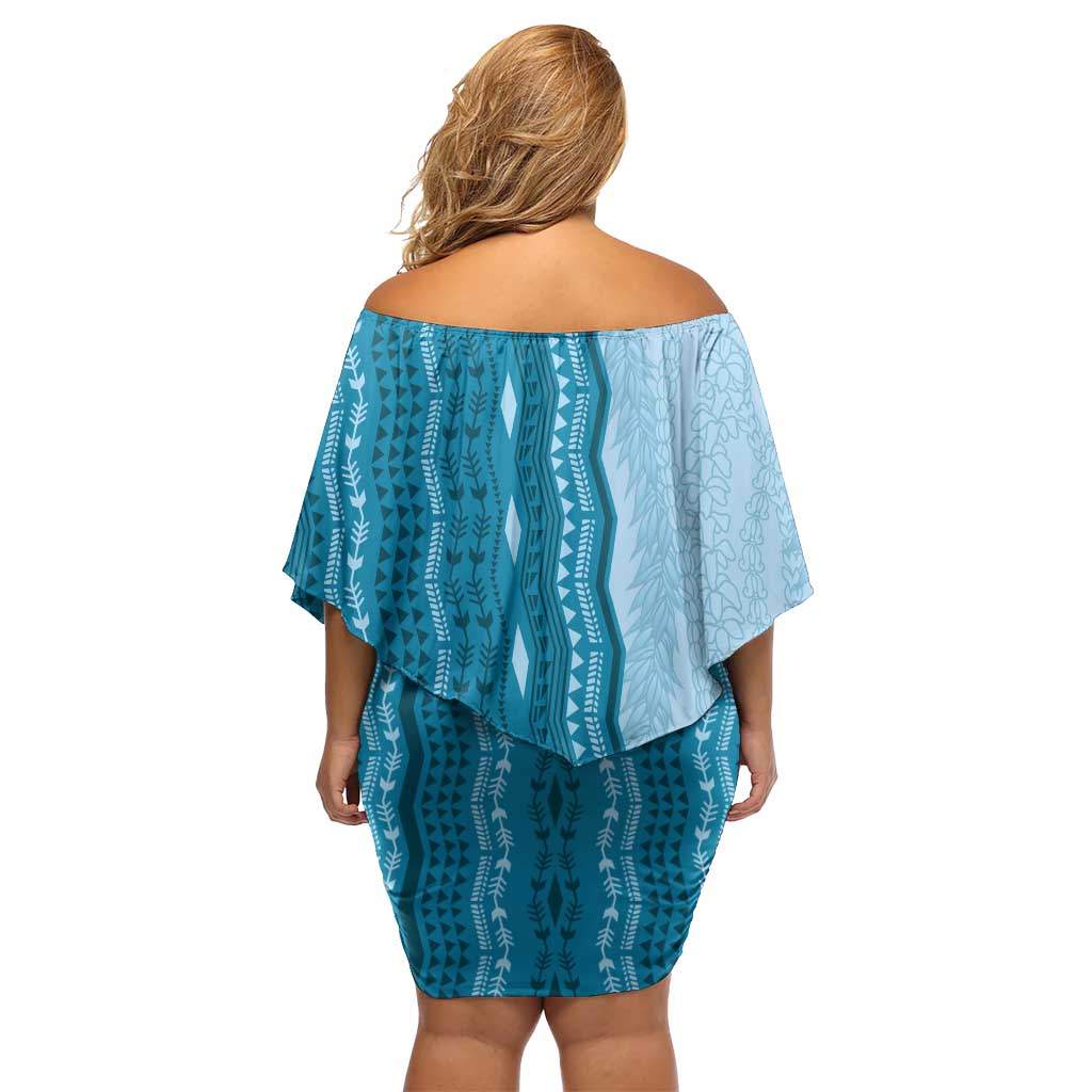 Vintage Cobalt Blue Hawaiian Traditional Kapa Mix Flowers Lei Family Matching Off Shoulder Short Dress and Hawaiian Shirt