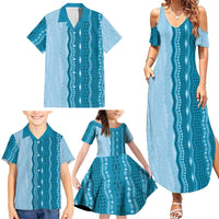 Vintage Cobalt Blue Hawaiian Traditional Kapa Mix Flowers Lei Family Matching Summer Maxi Dress and Hawaiian Shirt