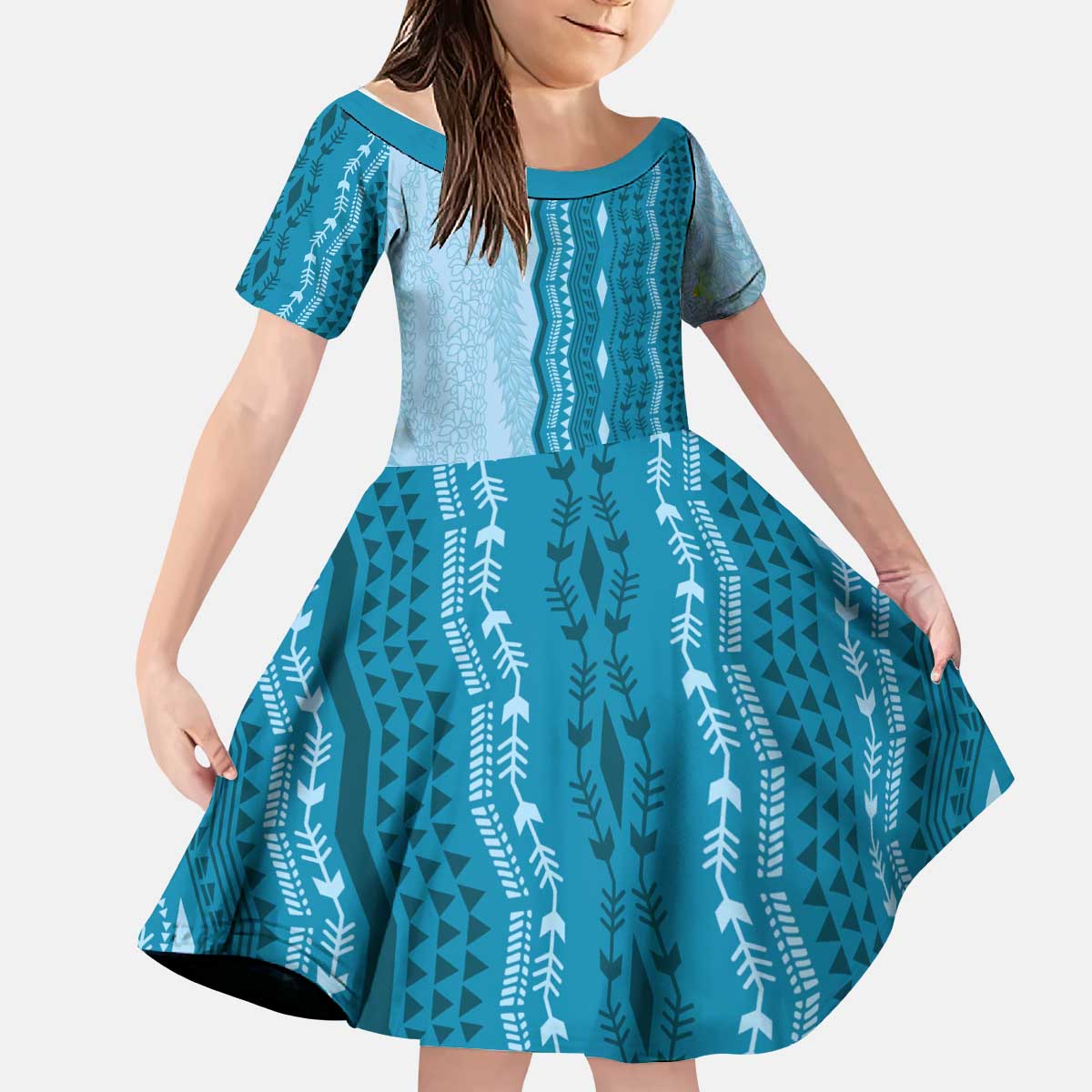 Vintage Cobalt Blue Hawaiian Traditional Kapa Mix Flowers Lei Kid Short Sleeve Dress LT7 KID Cobalt Blue - Polynesian Pride