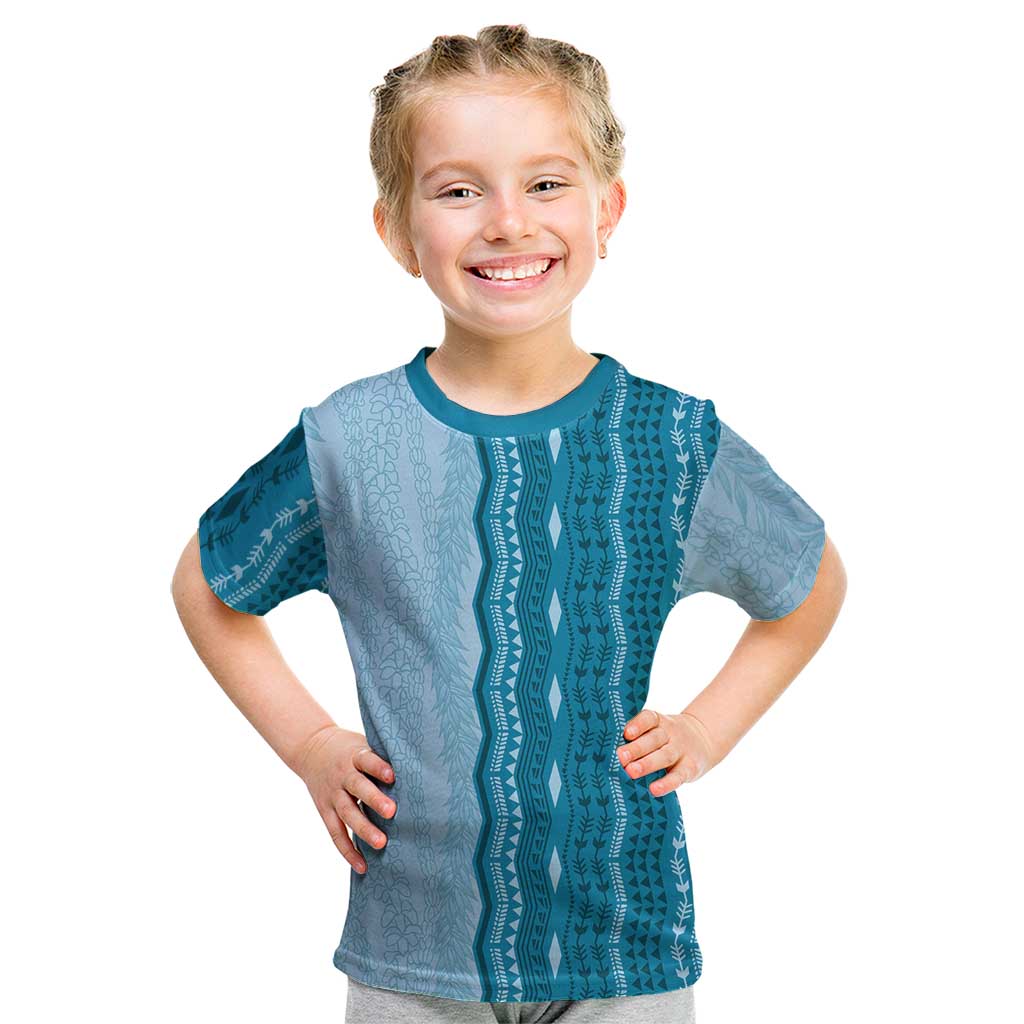 Vintage Cobalt Blue Hawaiian Traditional Kapa Mix Flowers Lei Kid T Shirt LT7 Cobalt Blue - Polynesian Pride