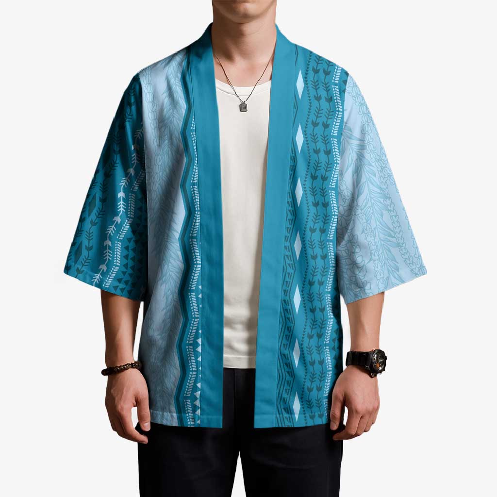 Vintage Cobalt Blue Hawaiian Traditional Kapa Mix Flowers Lei Kimono LT7 - Polynesian Pride