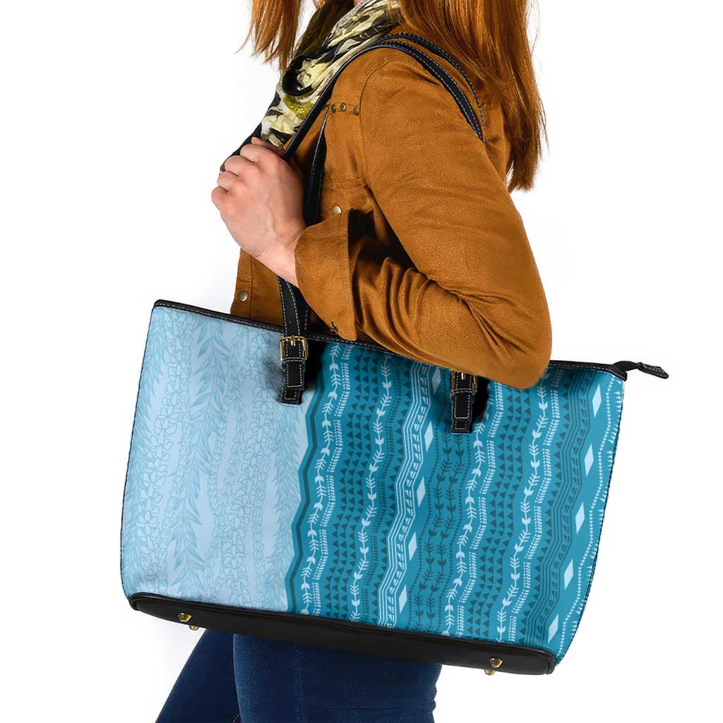 Vintage Cobalt Blue Hawaiian Traditional Kapa Mix Flowers Lei Leather Tote Bag LT7 Cobalt Blue - Polynesian Pride
