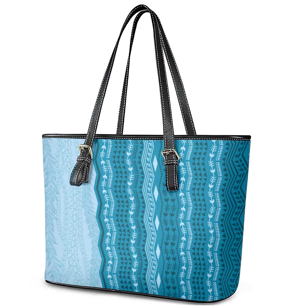 Vintage Cobalt Blue Hawaiian Traditional Kapa Mix Flowers Lei Leather Tote Bag