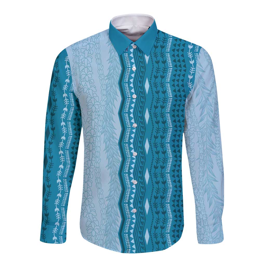 Vintage Cobalt Blue Hawaiian Traditional Kapa Mix Flowers Lei Long Sleeve Button Shirt LT7 Unisex Cobalt Blue - Polynesian Pride