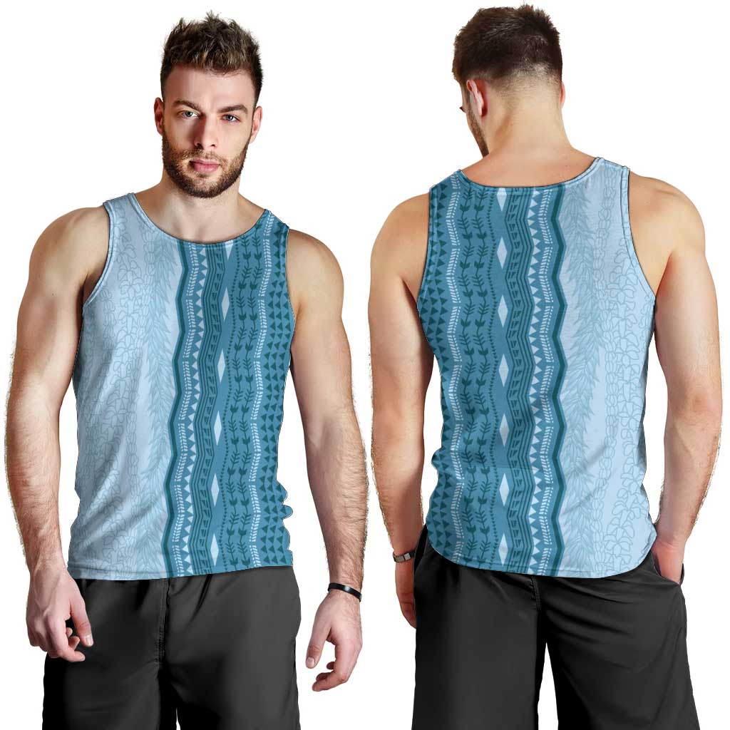 Vintage Cobalt Blue Hawaiian Traditional Kapa Mix Flowers Lei Men Tank Top LT7 - Polynesian Pride