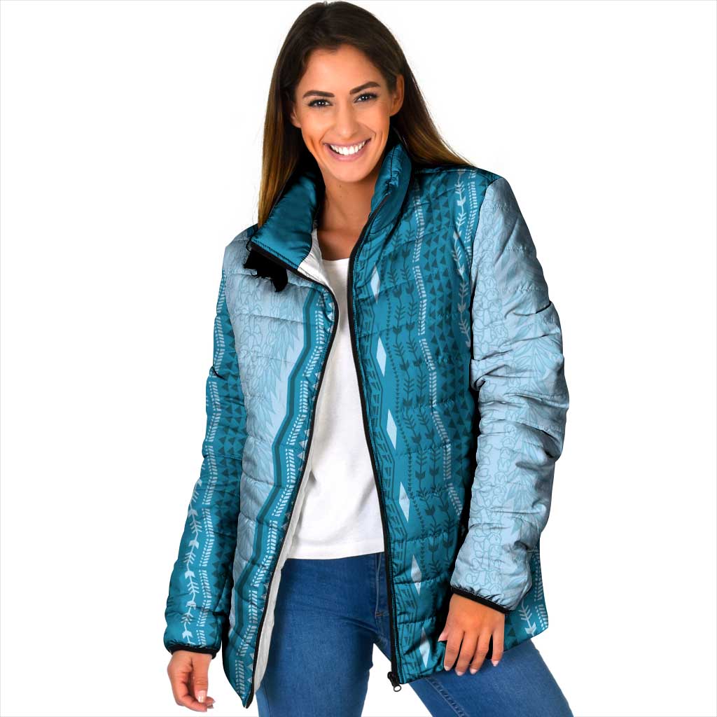 Vintage Cobalt Blue Hawaiian Traditional Kapa Mix Flowers Lei Padded Jacket LT7 Women Cobalt Blue - Polynesian Pride